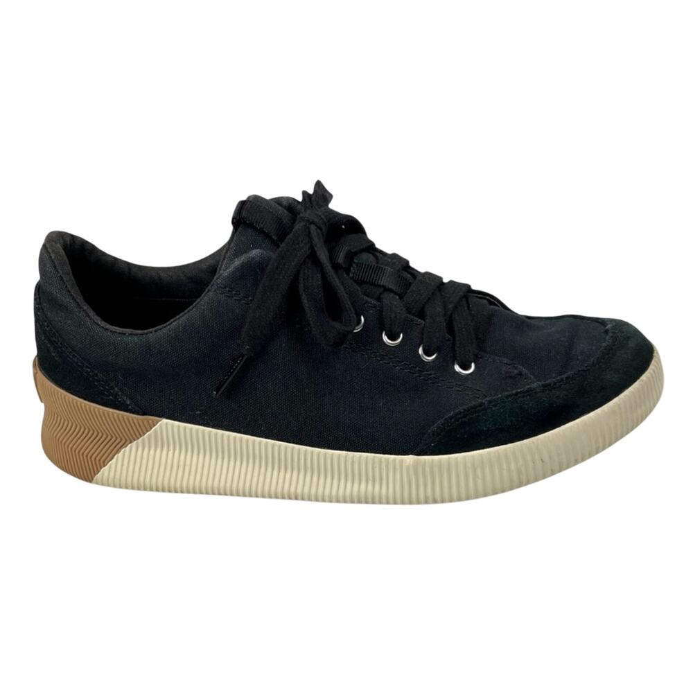 Sorel Out N About Sneaker Size 8 Black Canvas Suede Lace Up Shoes Low Top NL4091